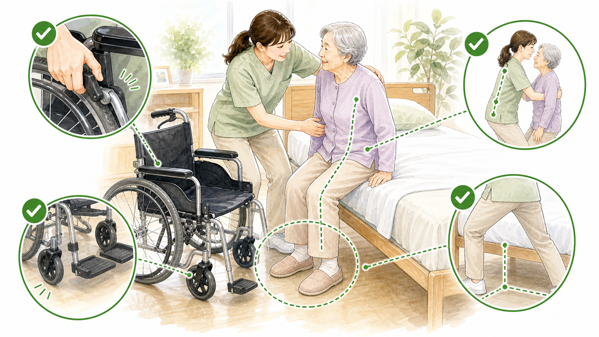 ベッドから車いすの移乗の手順説明イラスト