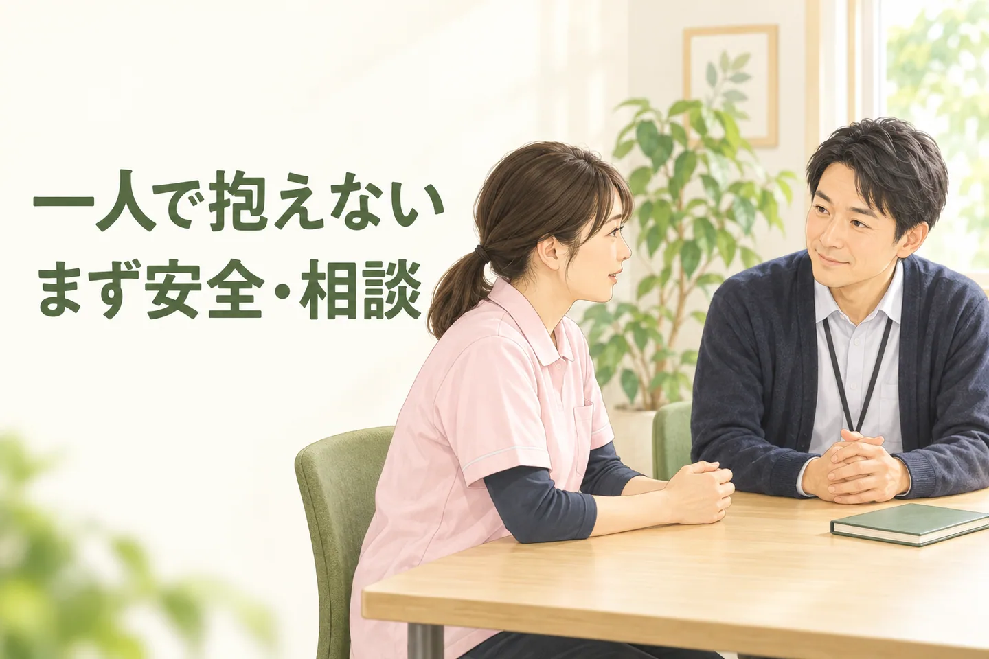「一人で抱えない、まず安全・相談」の文字と、個室で管理者に相談する介護職員。記録用ノートは閉じて置かれている