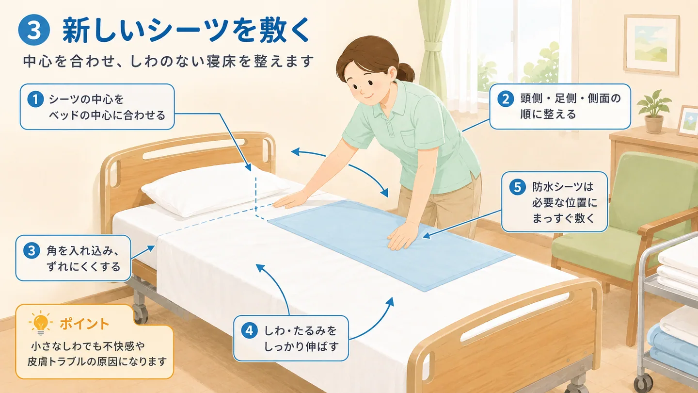 シーツ交換の手順説明イラスト